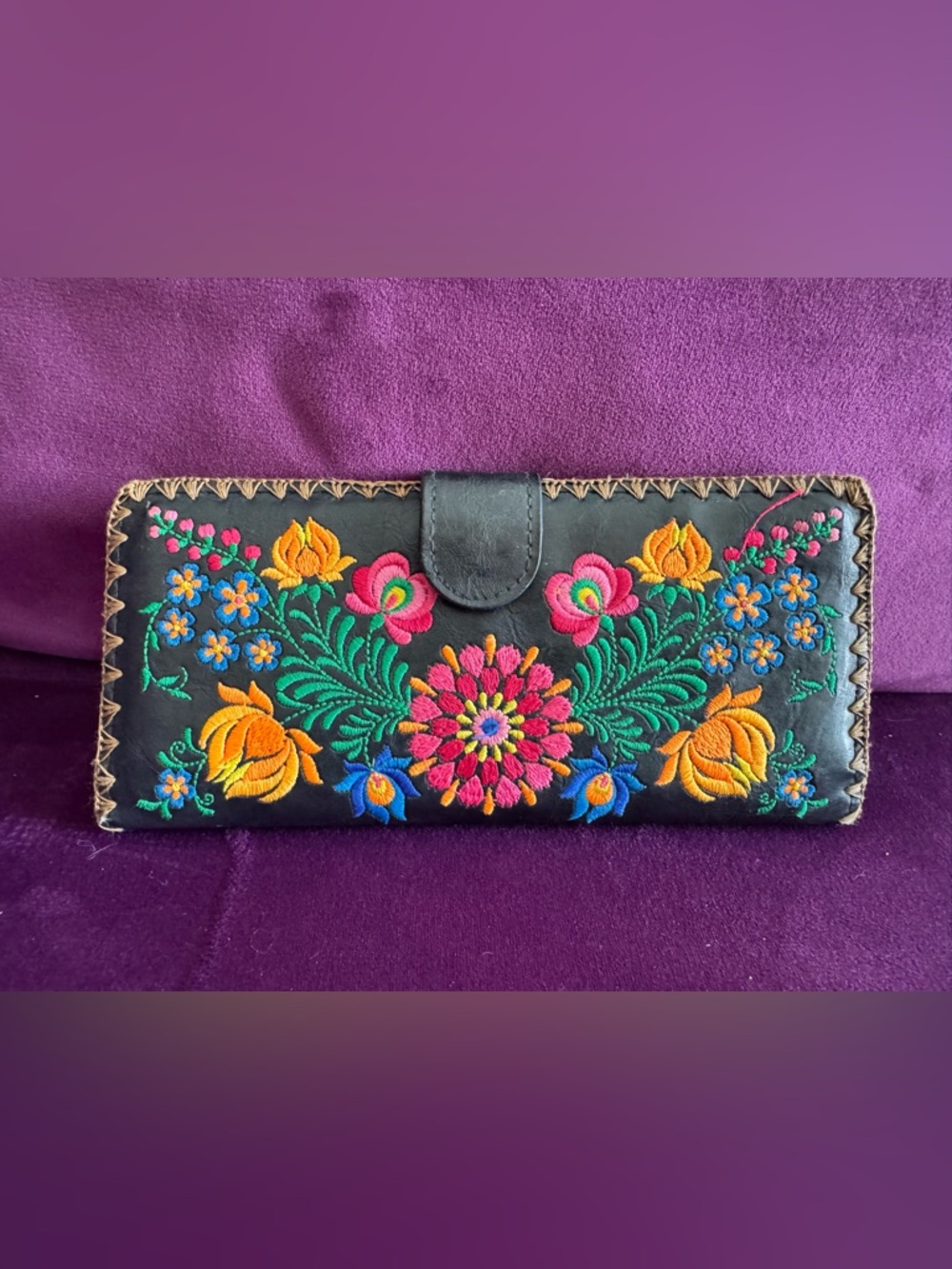 Black Embroidered Floral Clutch Began Wallet with Colorful Stitching